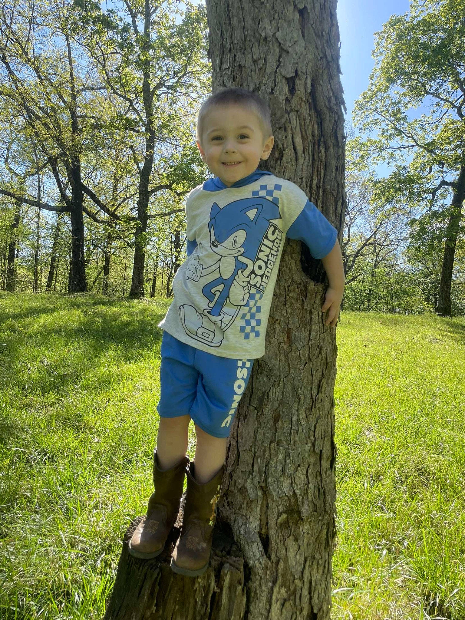 Jackson is registered to the contest to win money with this photo: branch, electric_blue, forest, fun, grass, happy, joy, leisure, people_in_nature, person, plant, recreation, sky, smile, t_shirt, toddler, tree, trunk, wilderness, wood