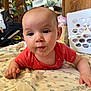 baby, blanket, blue_eyes, child, close_up, curious, face, furniture, hand, head, household_items, indoor, infant, lying_down, onesie, pattern, person, plant, red_clothing, skin