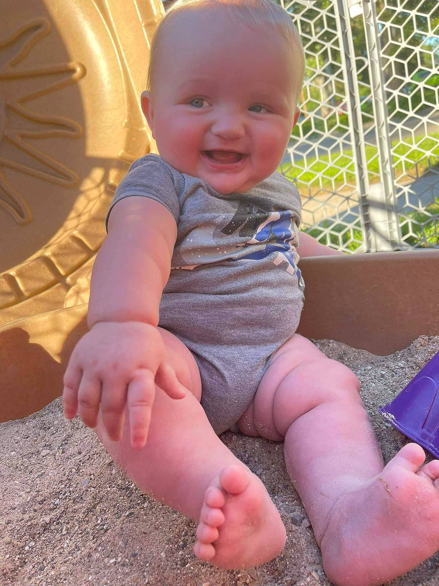 Kade joined the competition — help win amazing prizes! arm, automotive_tire, baby, baby_toddler_clothing, chin, facial_expression, finger, hairstyle, happy, human_body, leg, mouth, organ, person, skin, smile, summer, thigh, thumb, toddler