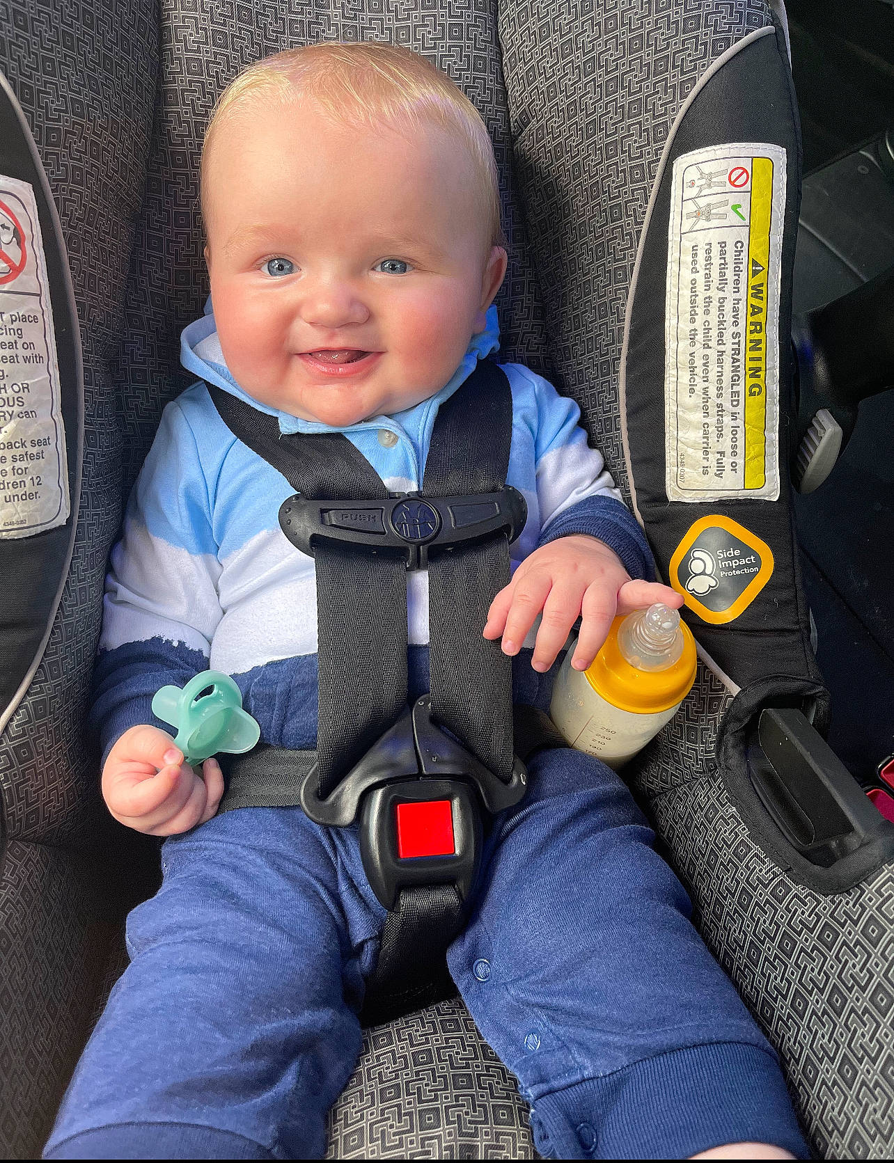 Kade joined the competition — help win amazing prizes! auto_part, baby, baby_carriage, baby_in_car_seat, baby_products, baby_safety, baby_toddler_clothing, car_seat, child, comfort, electric_blue, finger, happy, lap, person, product, seat_belt, sitting, smile, toddler