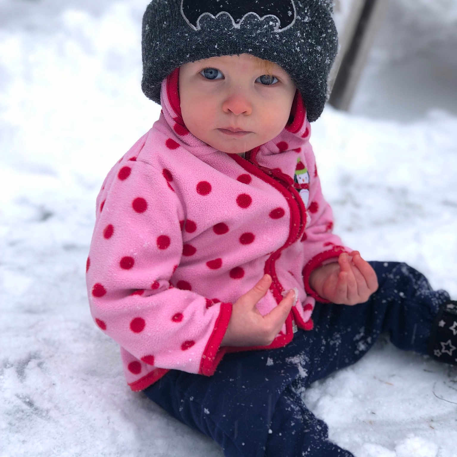 Isadora joined the competition — help win amazing prizes! baby, baby_toddler_clothing, beanie, bonnet, cap, child, crochet, fashion_accessory, freezing, headgear, headwear, knit_cap, outerwear, pattern, person, play, playing_in_the_snow, snow, toddler, winter