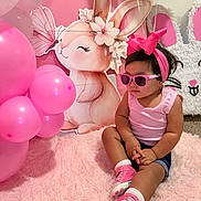 Manelick is registered to the contest to win money with this photo: toddler, child, pink, sunglasses, bow, balloons, fluffy_rug, bunny, decorations, indoor, cute, fashion, sitting, portrait, headband, smiling, shoes, shorts, happy, celebration