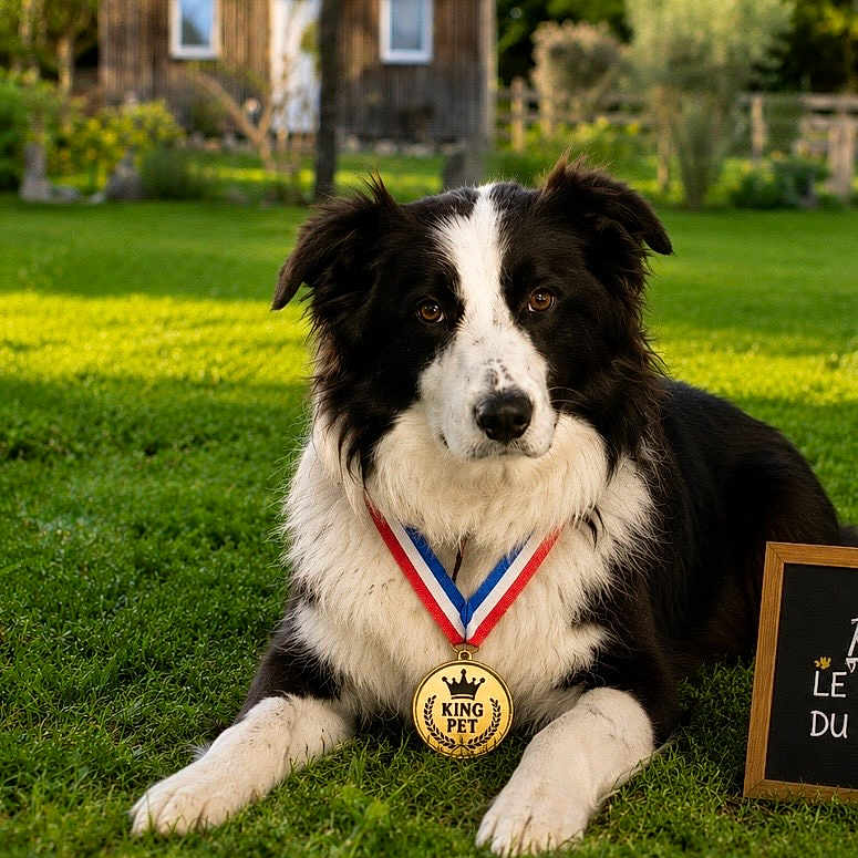 Rambo a rejoint le concours — aidez-le/la à gagner de superbes lots ! dog, border_collie, medal, grass, outdoor, pet, award, collar, black_and_white, fur, animal, nature, house, garden, sunlight, portrait, laying_down, pet_award, canine, proud