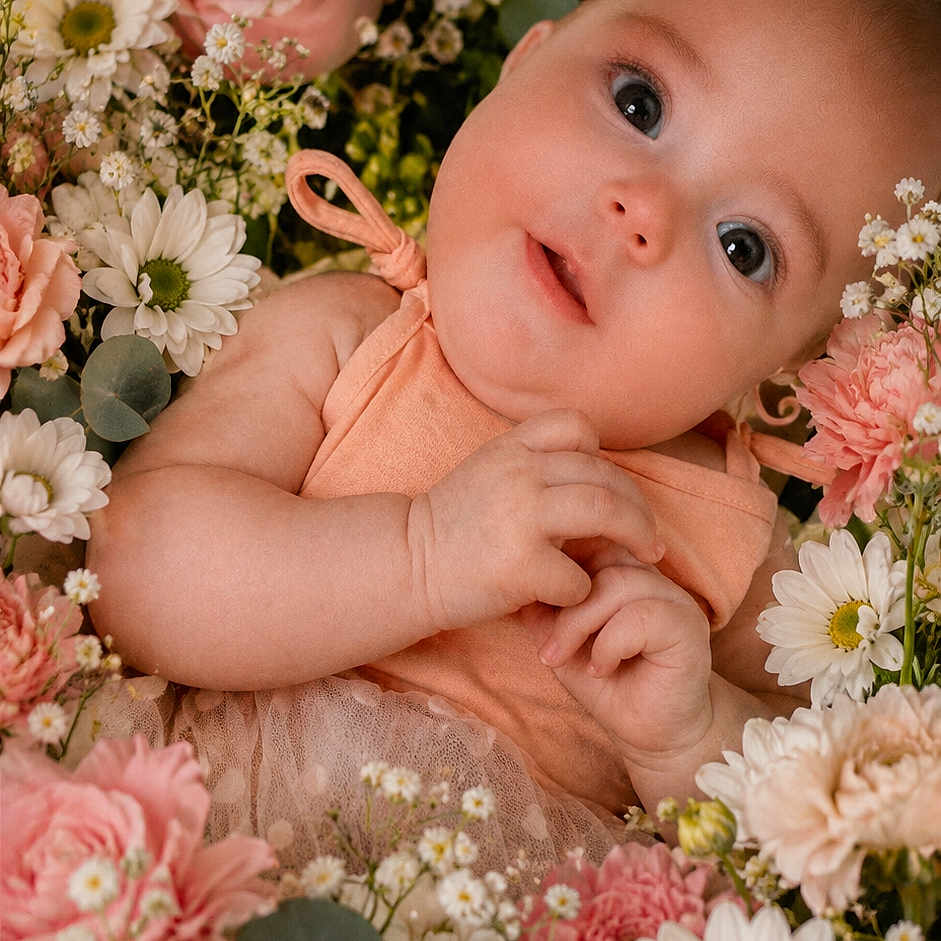 Shaylynn is registered to the contest to win money with this photo: baby, infant, flowers, roses, daisies, pink, white, cute, portrait, nature, floral, garden, child, soft_light, closeup, smile, skin, peaceful, spring, tender