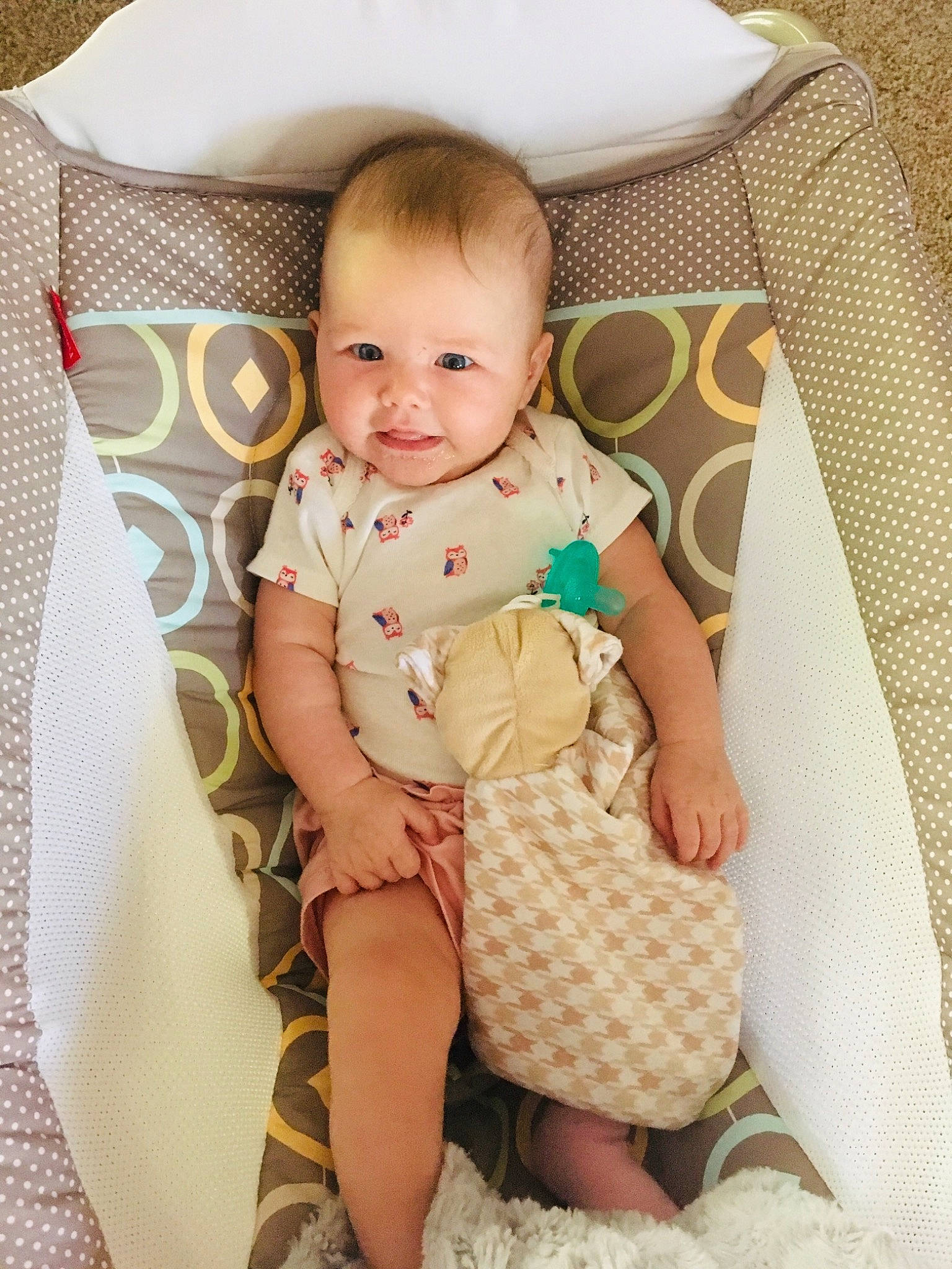 Pierce is registered to the contest to win money with this photo: baby, baby_products, baby_toddler_clothing, beige, child, pattern, person, product, toddler