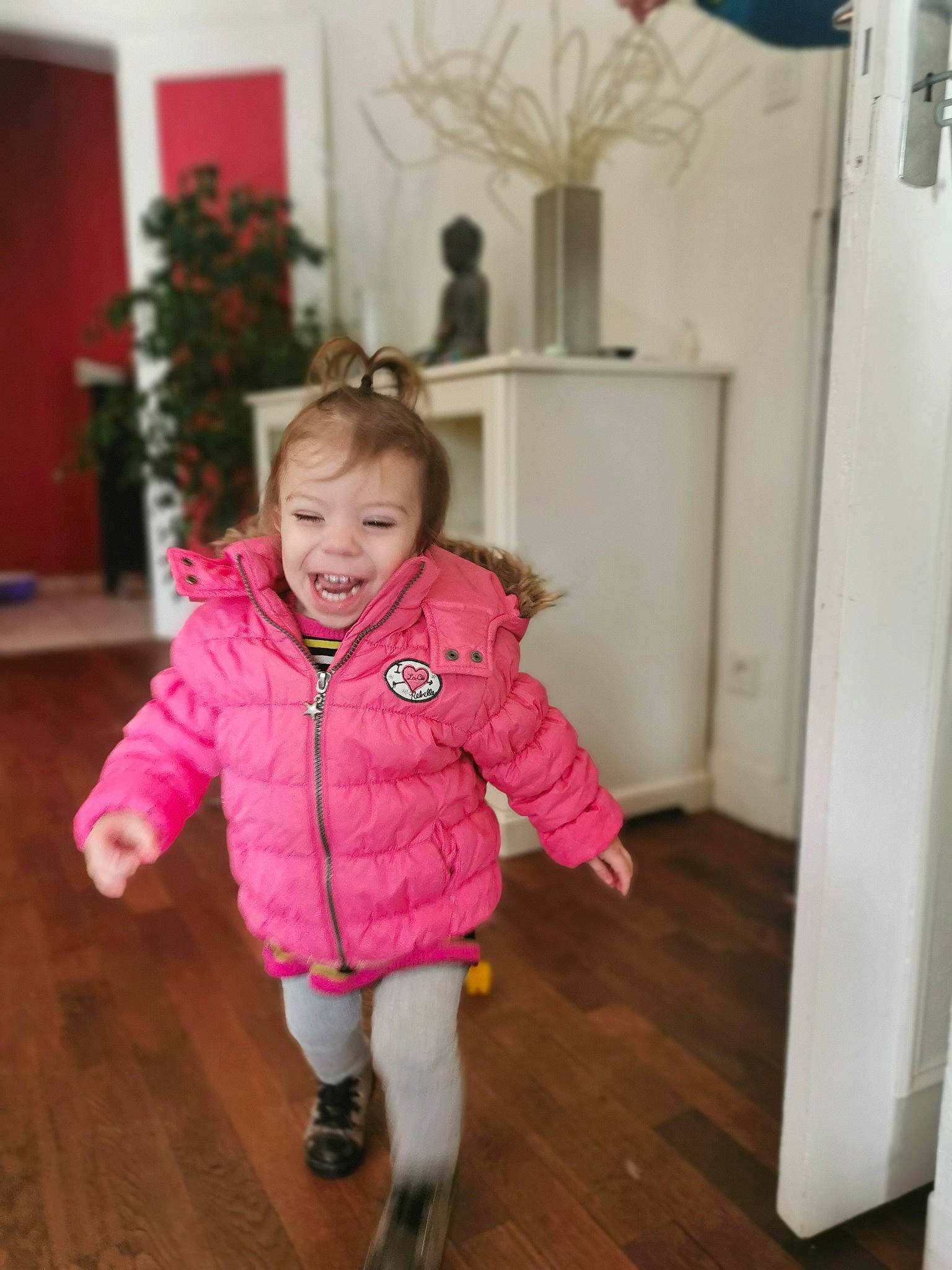 Zoé participe au concours pour gagner de l'argent avec cette photo : baby_toddler_clothing, child, floor, flooring, fun, fur, happy, hardwood, houseplant, laminate_flooring, magenta, person, plant, shoulder, sleeve, smile, standing, toddler, wood, wood_flooring