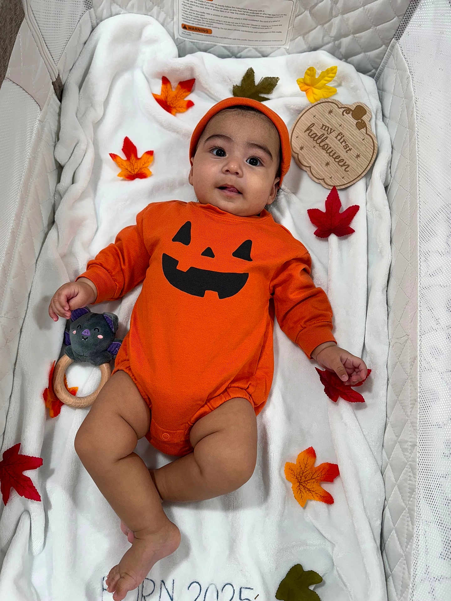 Andrés is registered to the contest to win money with this photo: baby, infant, orange_clothing, halloween, pumpkin_face, plush_toy, white_blanket, autumn_leaves, wooden_sign, cute, lying_down, indoors, headwear, smiling, child, celebration, seasonal, festive, soft_texture, small_hand