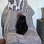 cat, black_cat, chair, blanket, pillow, feather_pattern, indoor, pet, feline, cozy, home, furniture, resting, animal, shadow, gray, decor, contemplative, seated, soft