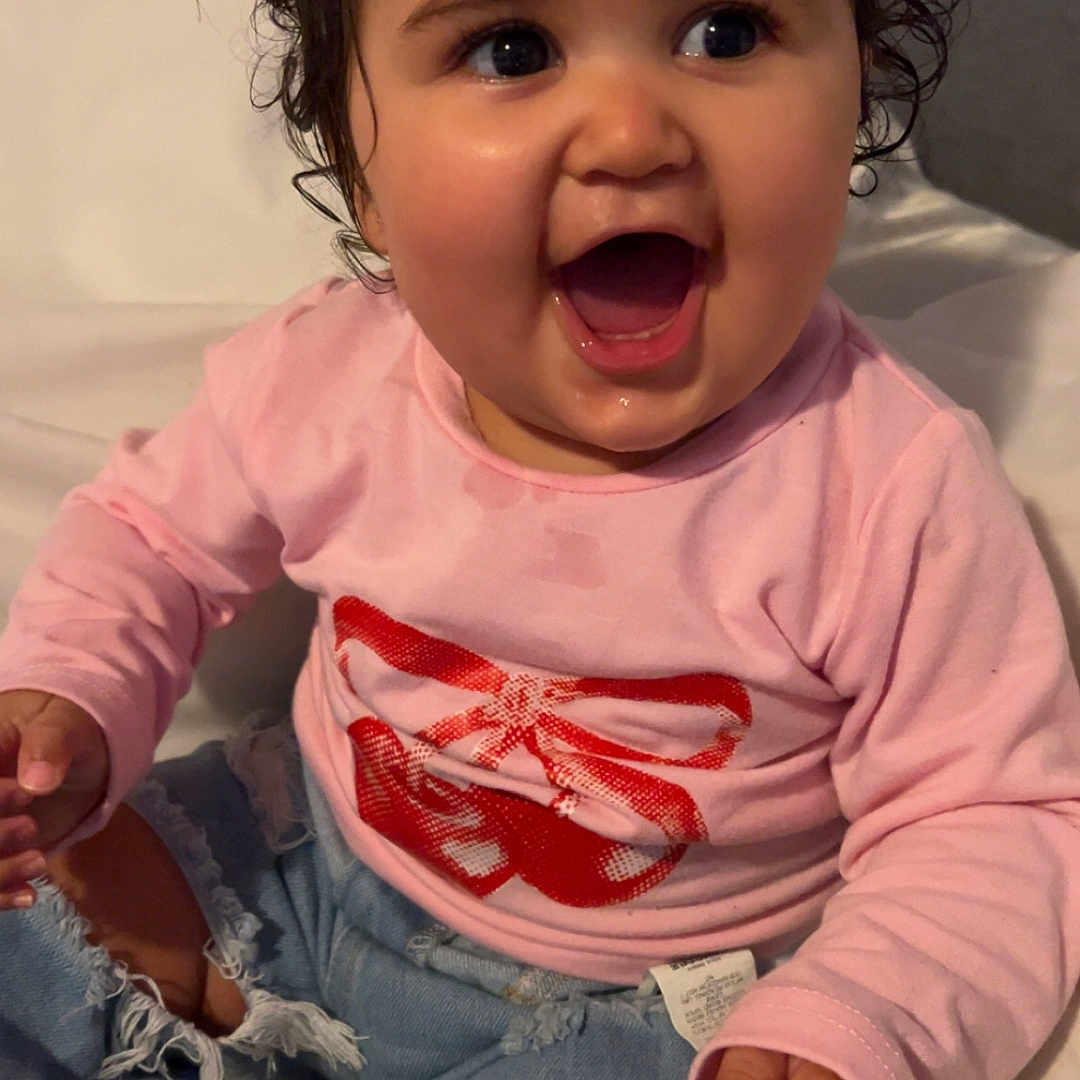 Daiari joined the competition — help win amazing prizes! baby, babylaughing, bodypart, clothing, couch, face, finger, furniture, hand, happy, head, jeans, mouth, pants, person, photography, portrait, sitting, smile, t_shirt