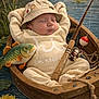 baby, infant, sleeping, boat, fishing_rod, plush_fish, water, lily_pads, hat, clothing, wooden_boat, nature, reeds, toy, relaxing, outdoor, peaceful, child, cute, portrait