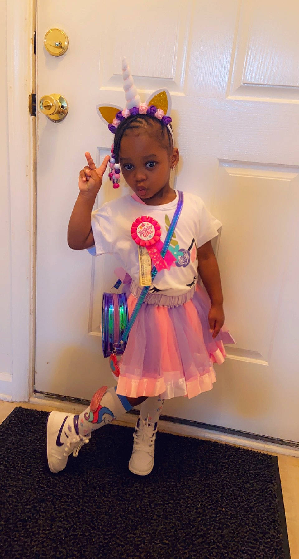 Kamani joined the competition — help win amazing prizes! arm, baby_toddler_clothing, child, dress, event, face, fashion_design, fun, happy, human_body, human_leg, knee, magenta, pattern, person, pink, purple, sleeve, sock, standing