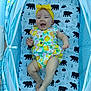 baby, child, stroller, yellow_headband, colorful_outfit, bear_pattern, blanket, happy, smiling, infant, clothing, footwear, indoor, person, cute, playful, legs, face, head, seated
