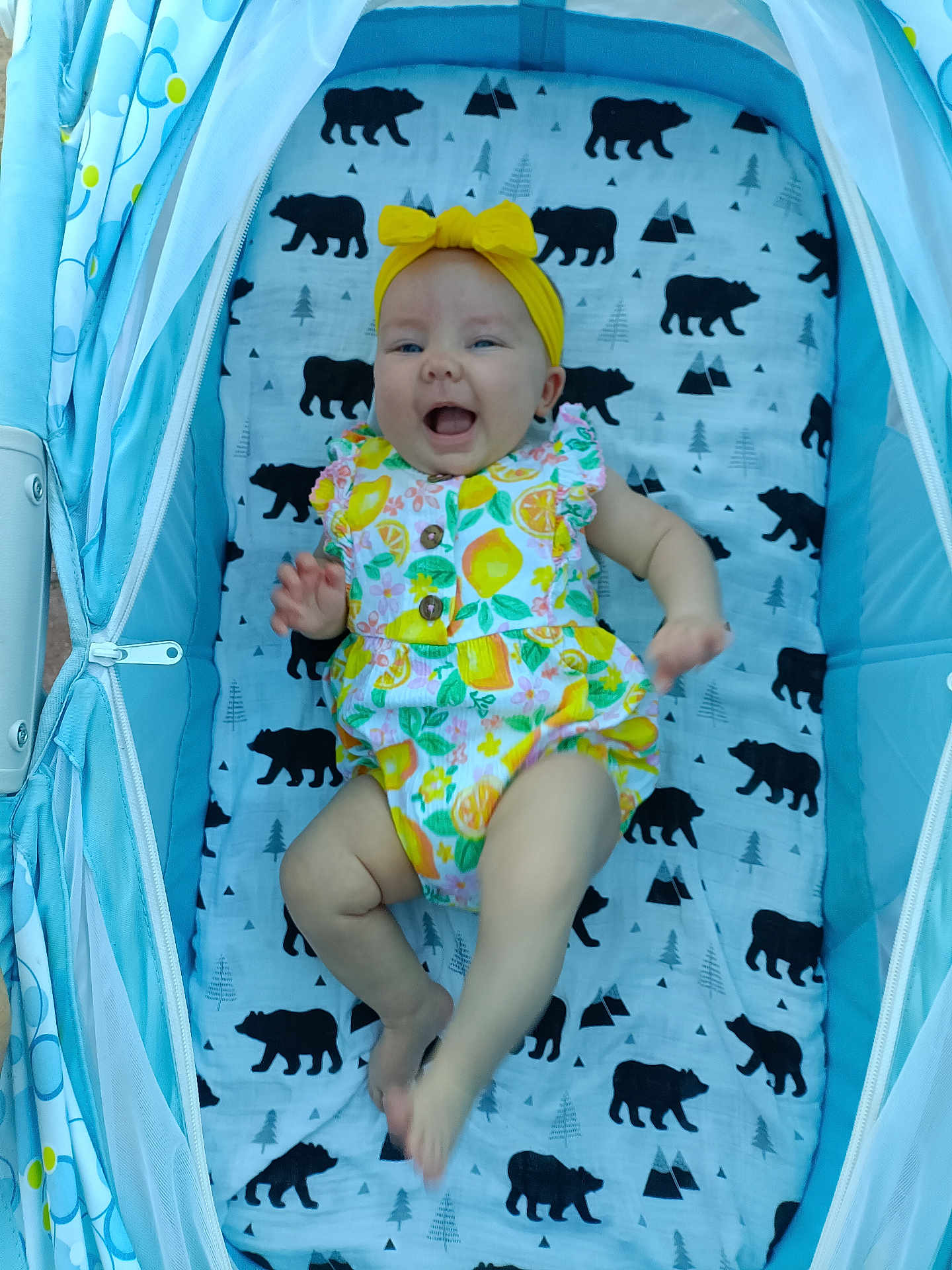 Oaklee Ann joined the competition — help win amazing prizes! baby, child, stroller, yellow_headband, colorful_outfit, bear_pattern, blanket, happy, smiling, infant, clothing, footwear, indoor, person, cute, playful, legs, face, head, seated