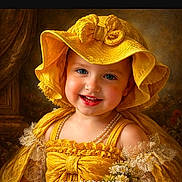 Luna joined the competition — help win amazing prizes! baby, bright, child, costume, cute, face, fashion, flower, happy, headwear, indoor, lace, pearl_necklace, person, portrait, smiling, toddler, vintage_style, yellow_dress, yellow_hat