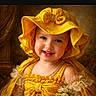 baby, bright, child, costume, cute, face, fashion, flower, happy, headwear, indoor, lace, pearl_necklace, person, portrait, smiling, toddler, vintage_style, yellow_dress, yellow_hat