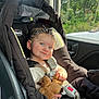 Isla is registered to the contest to win money with this photo: baby, car_seat, child, teddy_bear, headband, blue_eyes, sunlight, car_interior, seatbelt, black_car_seat, toy, smile, person, vehicle, window, greenery, daylight, cute, infant, seat