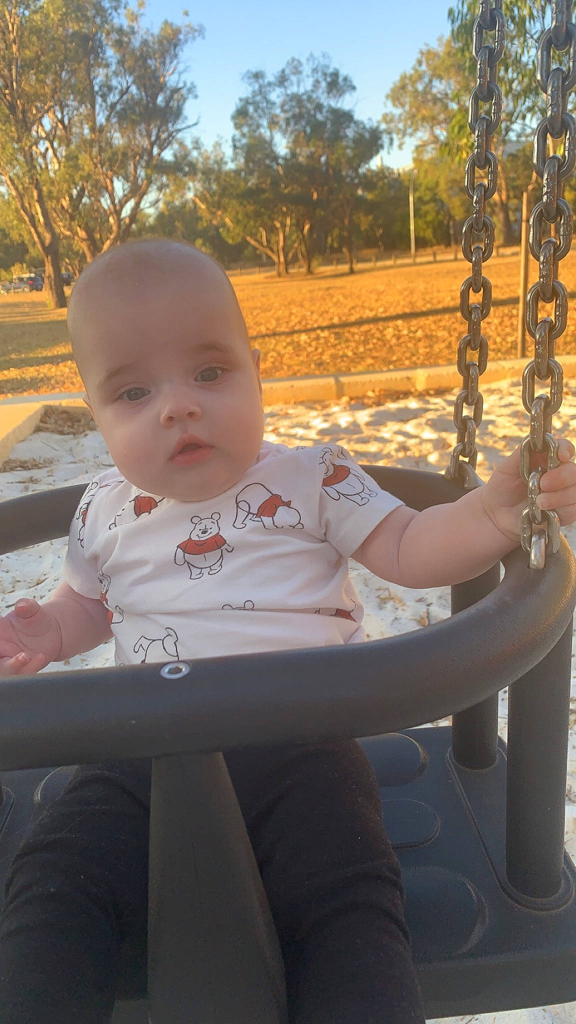 Laylah joined the competition — help win amazing prizes! baby, baby_products, baby_toddler_clothing, child, fun, grass, happy, jewellery, leisure, people_in_nature, person, public_space, recreation, sitting, sky, spring, summer, swing, toddler, tree