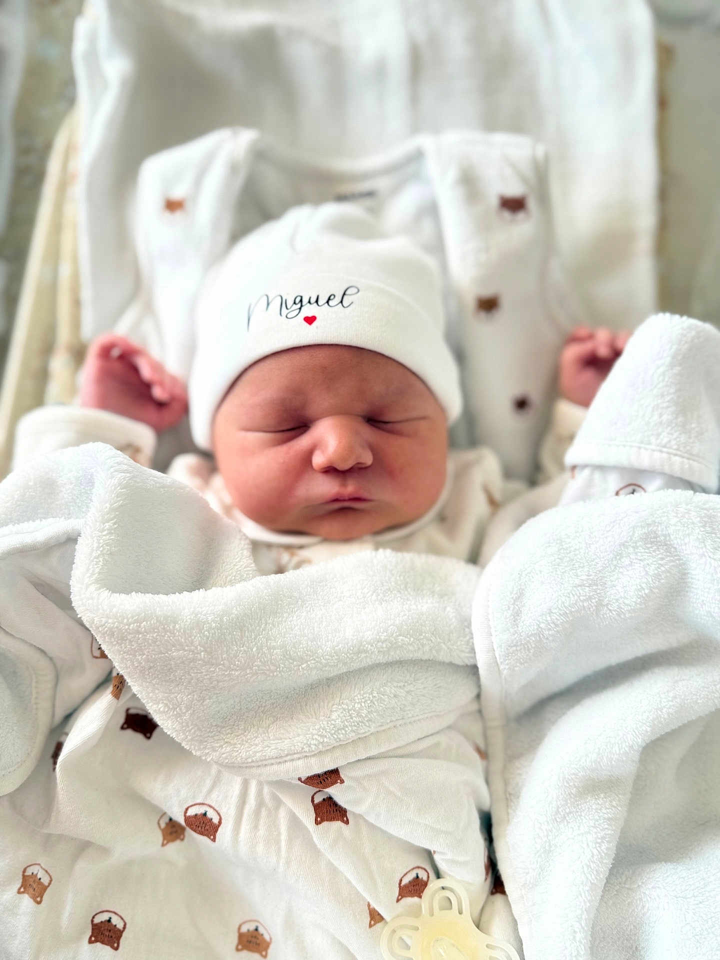 Miguel participe au concours pour gagner de l'argent avec cette photo : newborn, baby, sleeping, blanket, white, hat, infant, cozy, cute, soft, pacifier, clothing, face, person, rest, peaceful, cute_pattern, wrapped, indoors, closeup