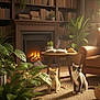 Pogno Et Mélie participe au concours pour gagner de l'argent avec cette photo : armchair, book, bookshelf, cat, cats, cozy, cup, curious, fireplace, houseplant, indoor, library, open_book, pet, plant, rug, steam, table, warm_light, wooden_floor