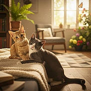 Pogno Et Mélie participe au concours pour gagner de l'argent avec cette photo : blanket, bookshelf, butterfly, cat, chair, cozy, curious, decor, flowers, fur, gray_cat, home, indoor, orange_cat, pets, plant, relaxed, sunlight, window, wooden_floor
