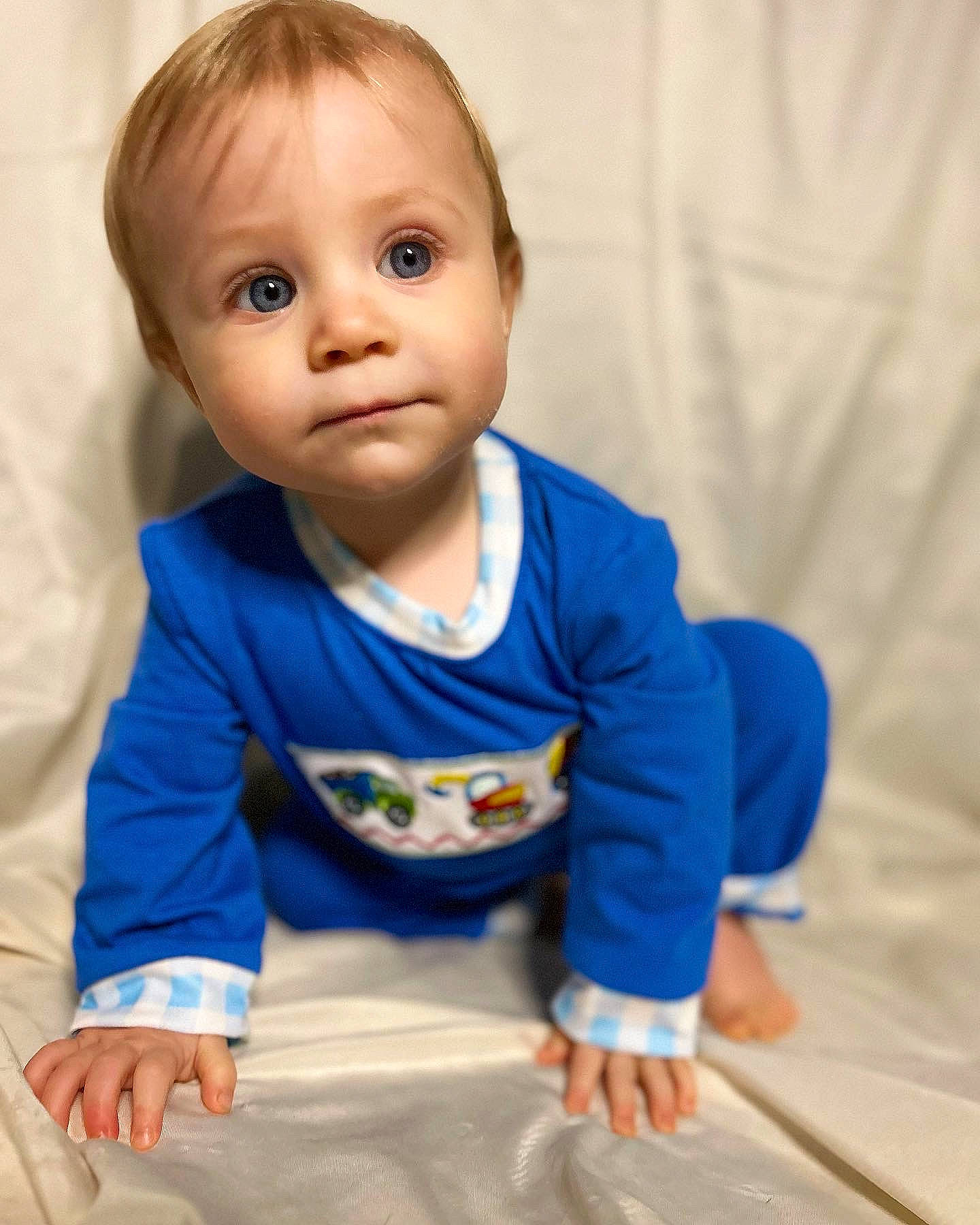 Easton is registered to the contest to win money with this photo: arm, baby, baby_toddler_clothing, cheek, chin, comfort, electric_blue, face, finger, fun, happy, head, human_body, iris, neck, nose, person, skin, sleeve, t_shirt