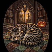 Tazz is registered to the contest to win money with this photo: animal, books, bookshelf, cat, cozy, decor, feline, gothic, halloween, indoor, jack_o_lantern, library, patchwork, pumpkin, quilt, resting, sleeping, striped, tabby, window