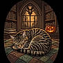 animal, books, bookshelf, cat, cozy, decor, feline, gothic, halloween, indoor, jack_o_lantern, library, patchwork, pumpkin, quilt, resting, sleeping, striped, tabby, window