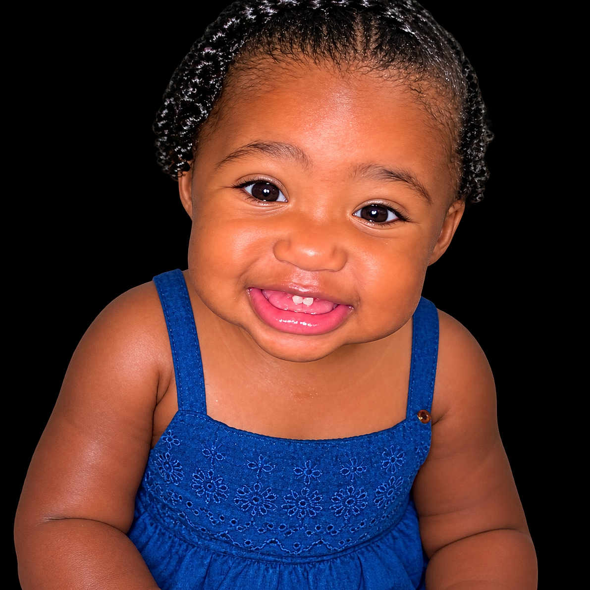 Mikayla joined the competition — help win amazing prizes! toddler, child, smiling, blue_dress, braided_hair, portrait, happy, cute, baby, face, person, skin, eyes, mouth, arms, fashion, studio_photo, black_background, closeup, innocence