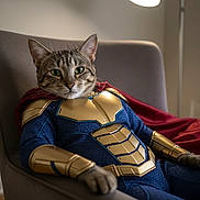 King Bumrigard joined the competition — help win amazing prizes! armchair, armor, cape, cat, chair, costume, cozy, fabric, feline, gold, green_eyes, indoor, lamp, paws, pet, portrait, relaxed, superhero_costume, tabby_cat, whiskers