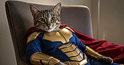 King Bumrigard joined the competition — help win amazing prizes! armchair, armor, cape, cat, chair, costume, cozy, fabric, feline, gold, green_eyes, indoor, lamp, paws, pet, portrait, relaxed, superhero_costume, tabby_cat, whiskers
