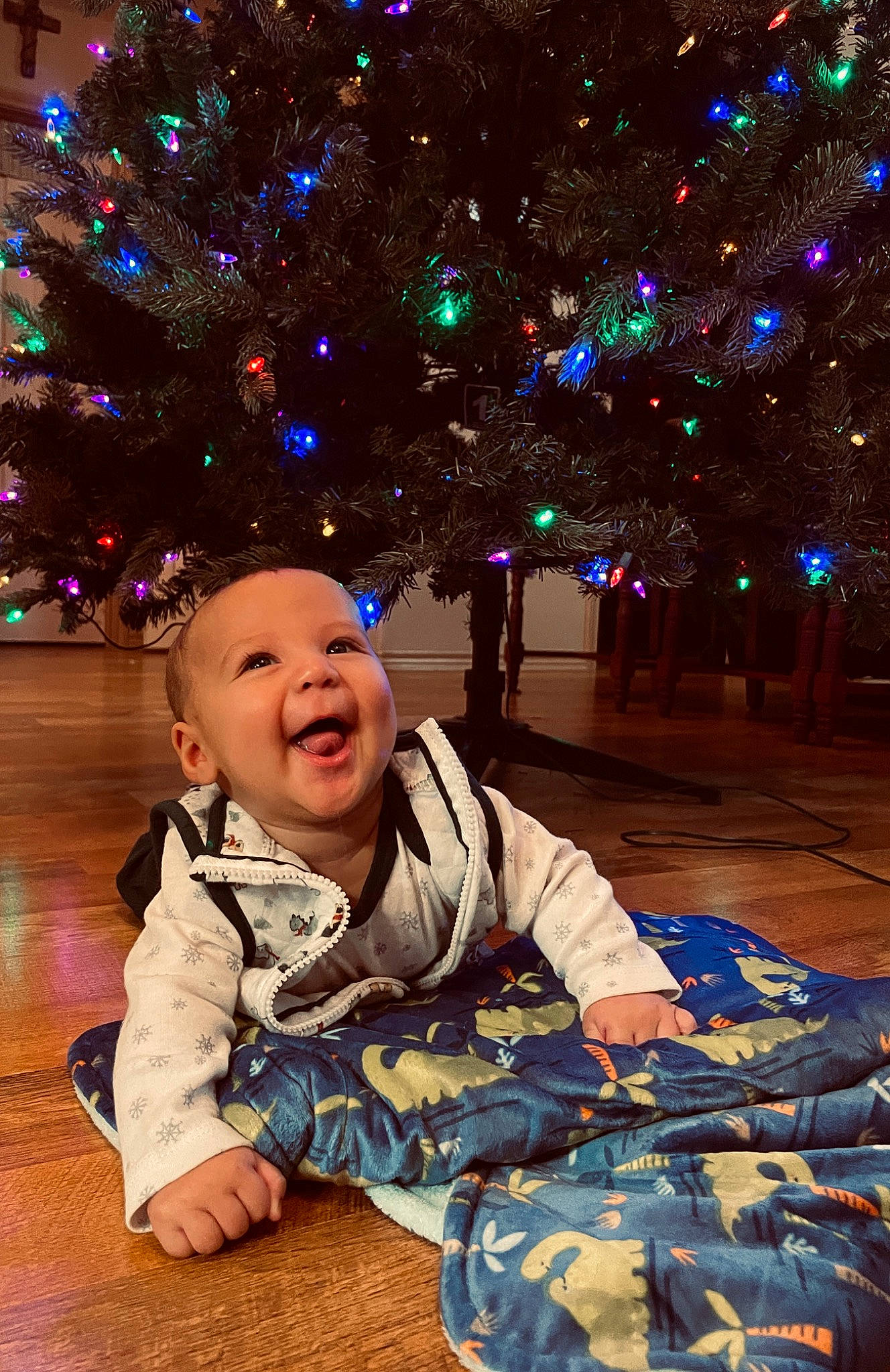 Raylen is registered to the contest to win money with this photo: baby, christmas_decoration, christmas_ornament, christmas_tree, event, facial_expression, fun, happy, holiday, human_body, light, military_camouflage, ornament, people, people_in_nature, person, plant, smile, toddler, tree