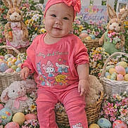 Anabelha is registered to the contest to win money with this photo: baby, child, easter, eggs, bunny, plush_toy, flowers, grass, headband, pink_clothing, basket, garden, smiling, cute, outdoor, holiday, celebration, decorations, spring, festive