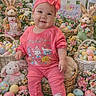 baby, child, easter, eggs, bunny, plush_toy, flowers, grass, headband, pink_clothing, basket, garden, smiling, cute, outdoor, holiday, celebration, decorations, spring, festive