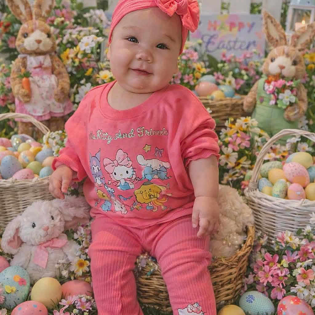 Anabelha is registered to the contest to win money with this photo: baby, child, easter, eggs, bunny, plush_toy, flowers, grass, headband, pink_clothing, basket, garden, smiling, cute, outdoor, holiday, celebration, decorations, spring, festive