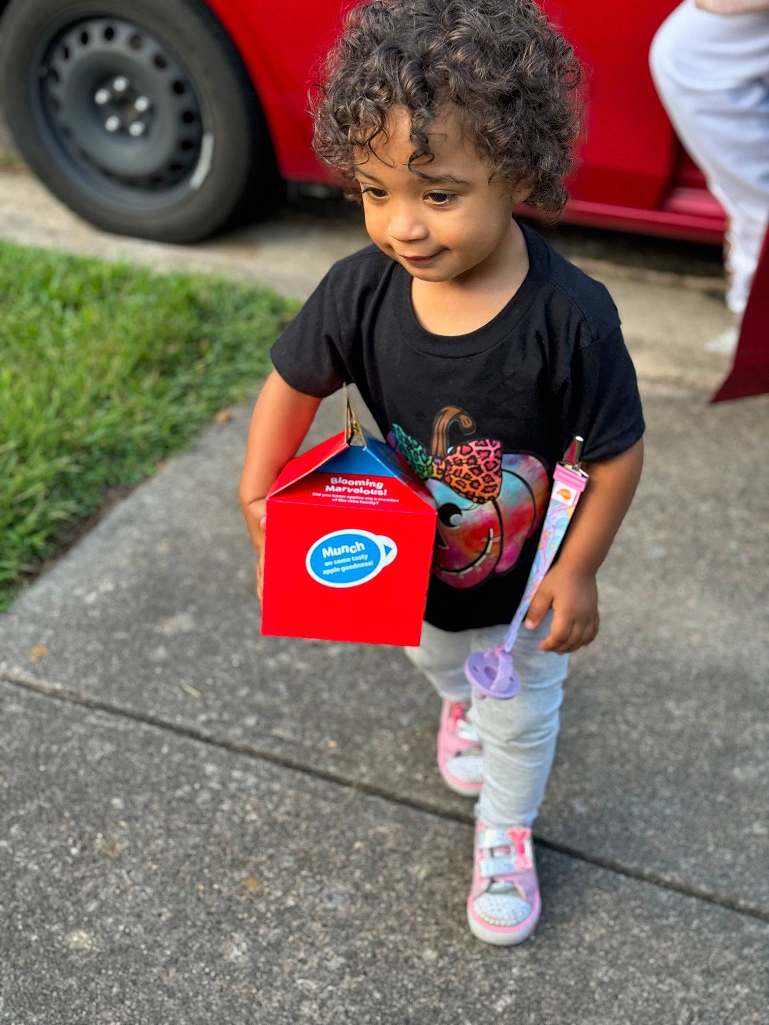 Lillianna is registered to the contest to win money with this photo: asphalt, automotive_lighting, automotive_tire, child, grass, happy, motor_vehicle, person, public_space, red, road, shoe, sleeve, sneakers, tire, toddler, vehicle, vehicle_door, wheel, white