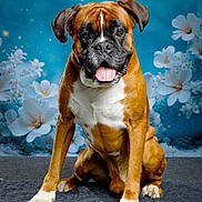 Oscar participe au concours pour gagner de l'argent avec cette photo : animal, background_flowers, boxer, brown, canine, cute, dog, ears, floral_background, fur, happy, indoor, paw, pet, portrait, sitting, studio, tongue_out, white_chest, white_paws
