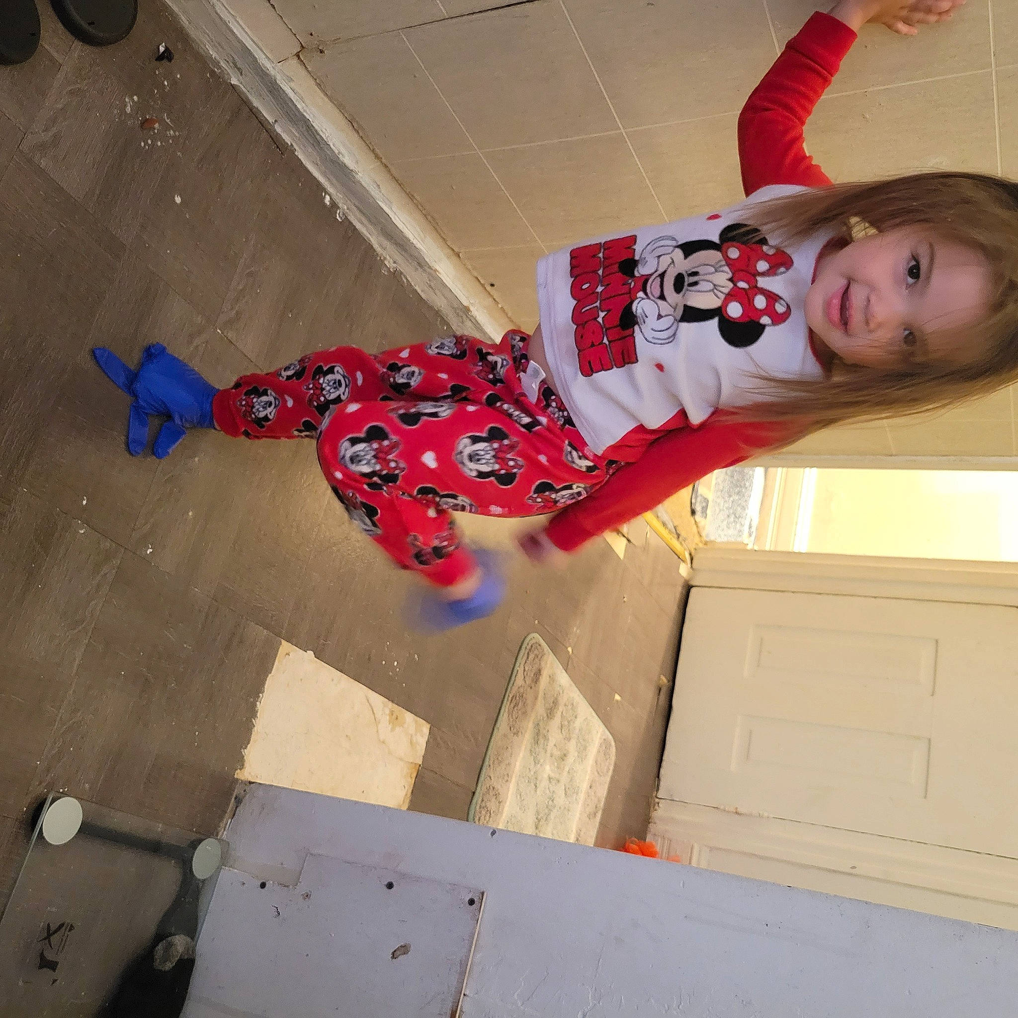 Jazmine is registered to the contest to win money with this photo: carmine, child, concrete, costume, floor, flooring, fun, happy, human_leg, leisure, pattern, person, play, room, thigh, toddler, wood