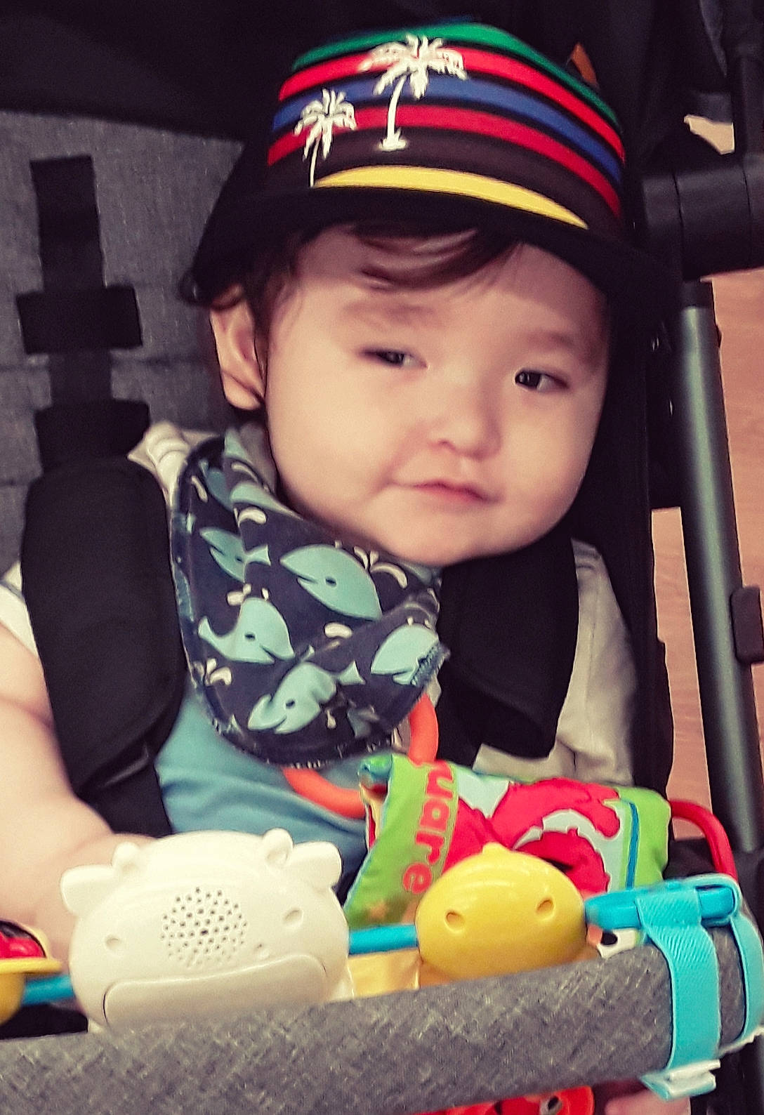 Milo joined the competition — help win amazing prizes! baby, baby_carriage, baby_products, baby_toddler_clothing, baseball_cap, cap, cheek, child, facial_expression, fun, happy, head, headwear, human_body, nose, organ, person, product, skin, snapshot