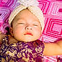 Hanna joined the competition — help win amazing prizes! baby, sleeping, headband, flower, purple_dress, gold_pattern, blanket, pink, infant, peaceful, child, closeup, portrait, soft_light, knitted, cute, relaxed, indoors, baby_clothing, adorable