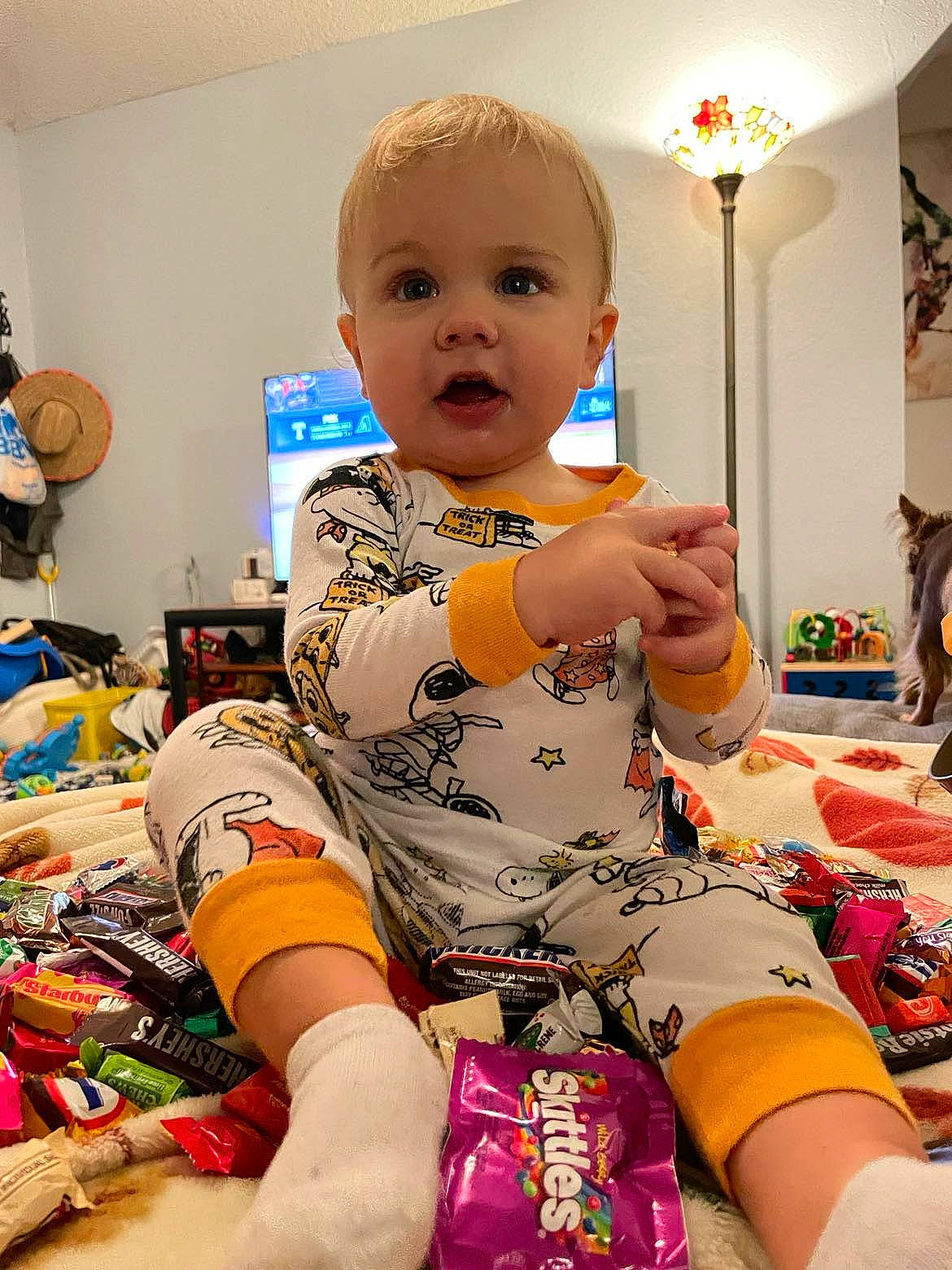 Jacob is registered to the contest to win money with this photo: baby, baby_toddler_clothing, cheek, child, event, flooring, fun, happy, human_leg, pattern, person, play, room, sitting, sleeve, smile, surprise, t_shirt, thigh, toddler