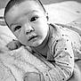 adorable, baby, black_and_white, blanket, child, clothing, cute, expression, eyes, face, floor, hand, heart_emoji, indoor, infant, lying_down, portrait, soft_texture, star_pattern, young