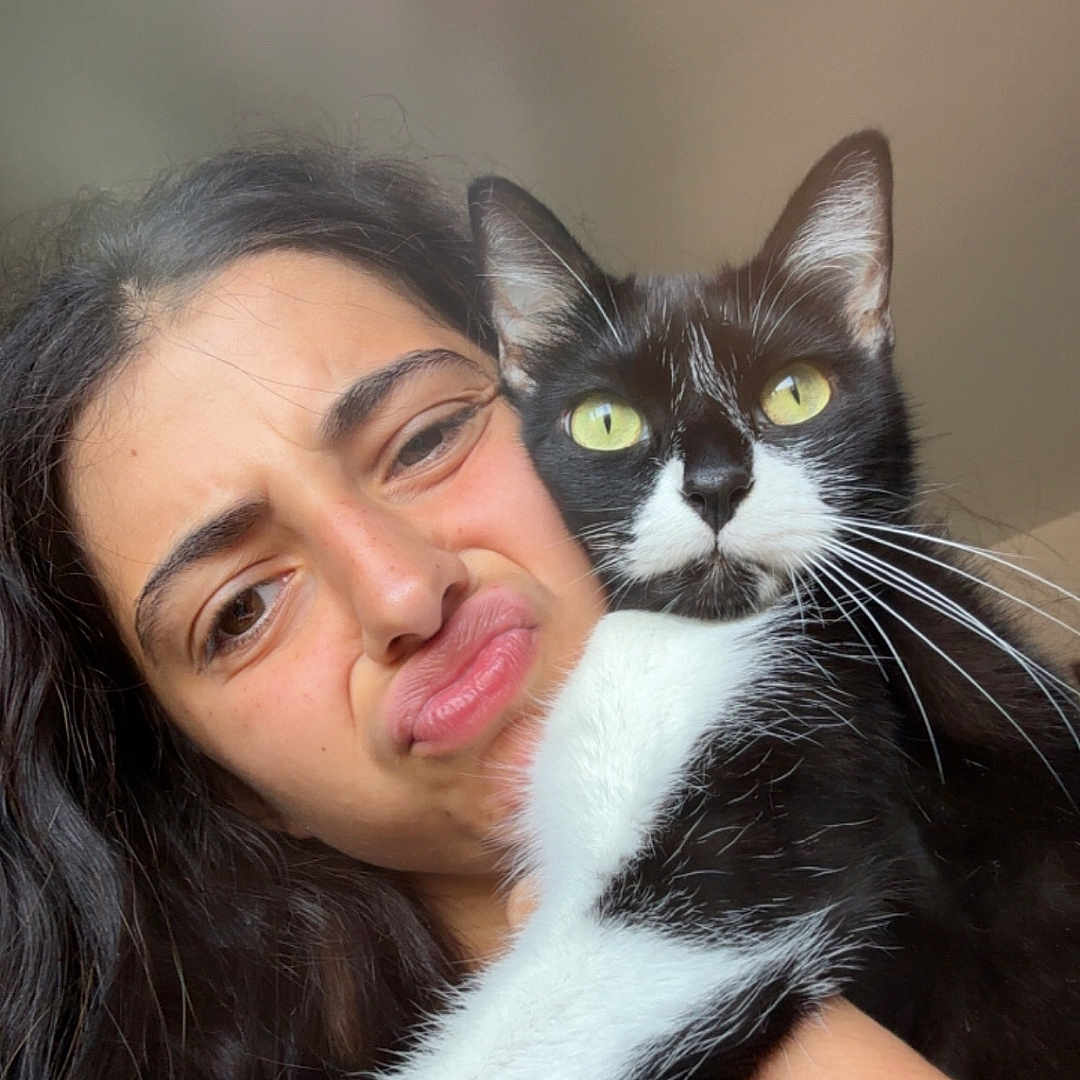 Prune participe au concours pour gagner de l'argent avec cette photo : woman, cat, black_and_white_cat, face, portrait, indoor, funny_face, pet, holding, long_hair, expression, close_up, looking_at_camera, whiskers, domestic_cat, human, cute, animal, feline, affection