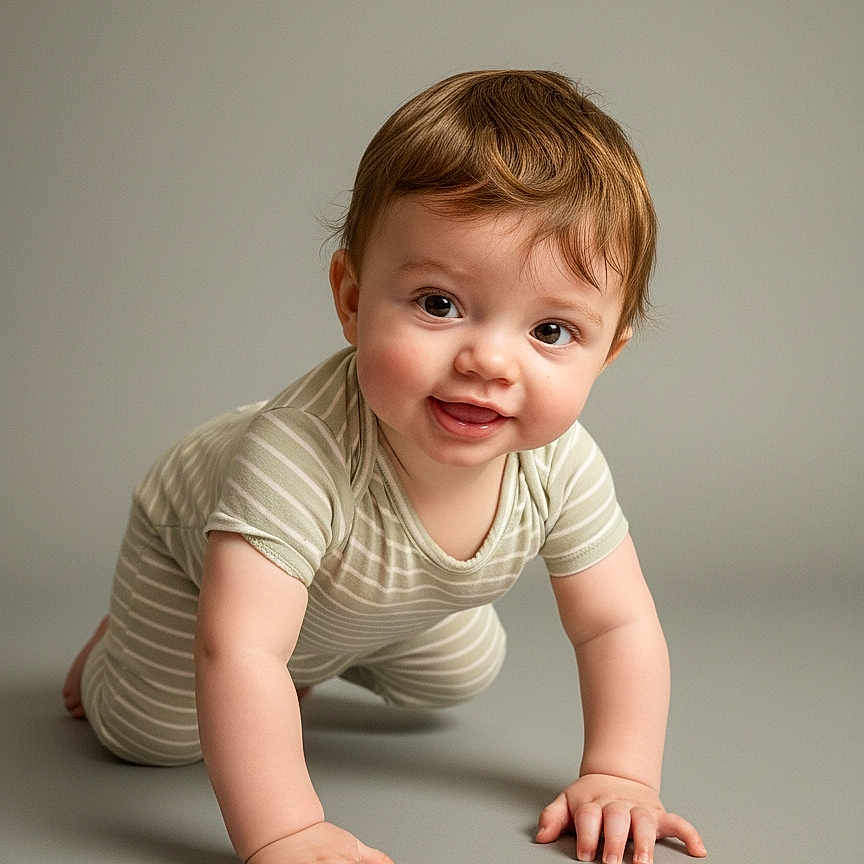 Winston joined the competition — help win amazing prizes! baby, crawling, child, infant, smiling, onesie, striped_clothing, curious, cute, portrait, indoor, soft_lighting, young_child, hands, face, happy, person, studio, neutral_background, small_fingers