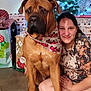 dog, woman, christmas_tree, presents, scarf, holiday, indoor, smiling, decorations, festive, lights, wrapped_gifts, floor, sitting, portrait, happy, tiled_floor, casual_clothing, large_dog, celebration