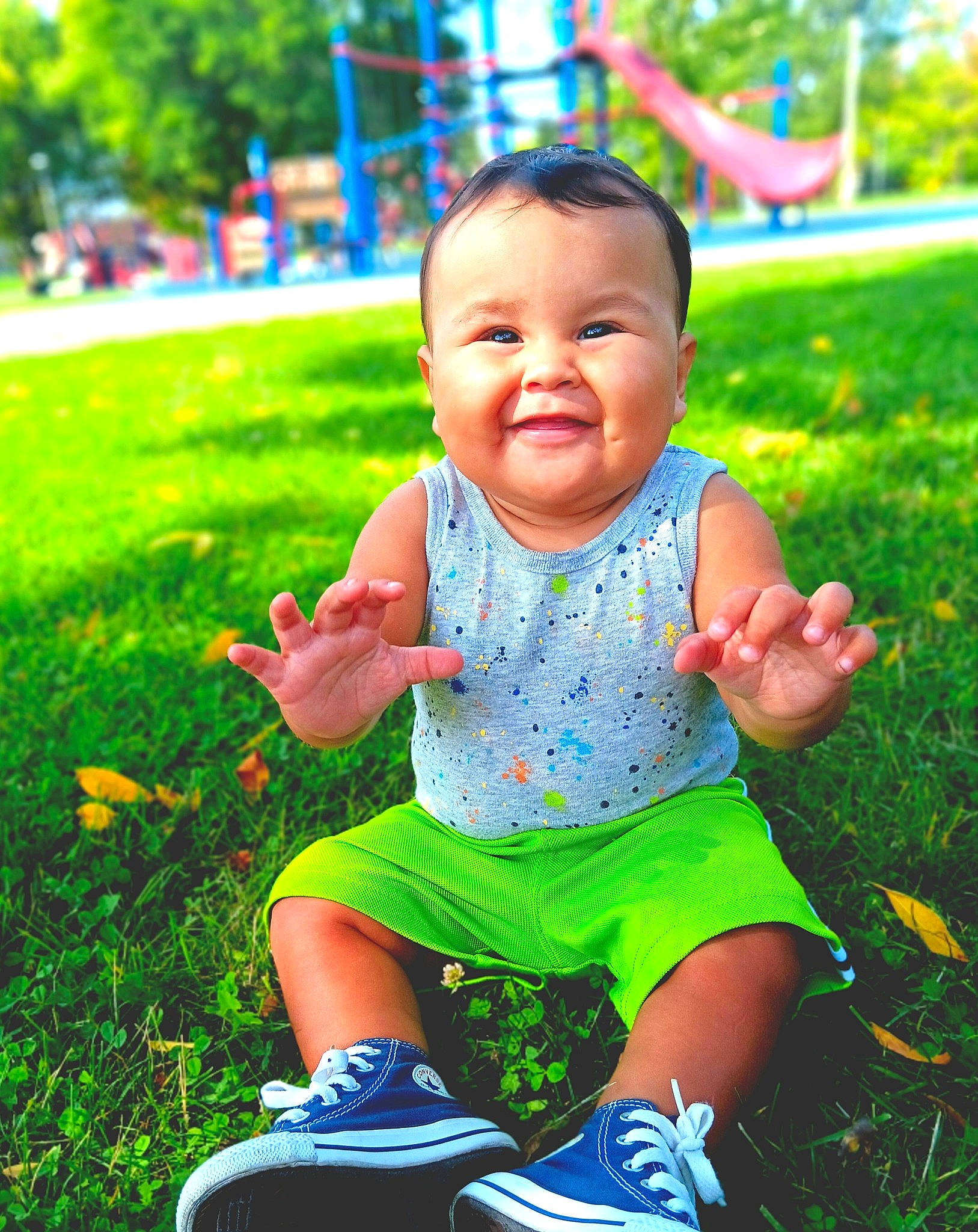 Xzavier joined the competition — help win amazing prizes! baby, baby_toddler_clothing, blue, child, fun, grass, green, happy, joy, lawn, leaf, leisure, light, people, people_in_nature, person, pink, plant, shoe, smile