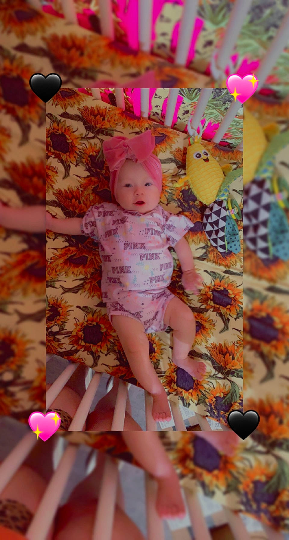 Maddison is registered to the contest to win money with this photo: baby, baby_toddler_clothing, child, eye, fawn, headwear, human_body, human_leg, leaf, magenta, orange, pattern, peach, person, petal, pink, skin, sock, textile, thigh