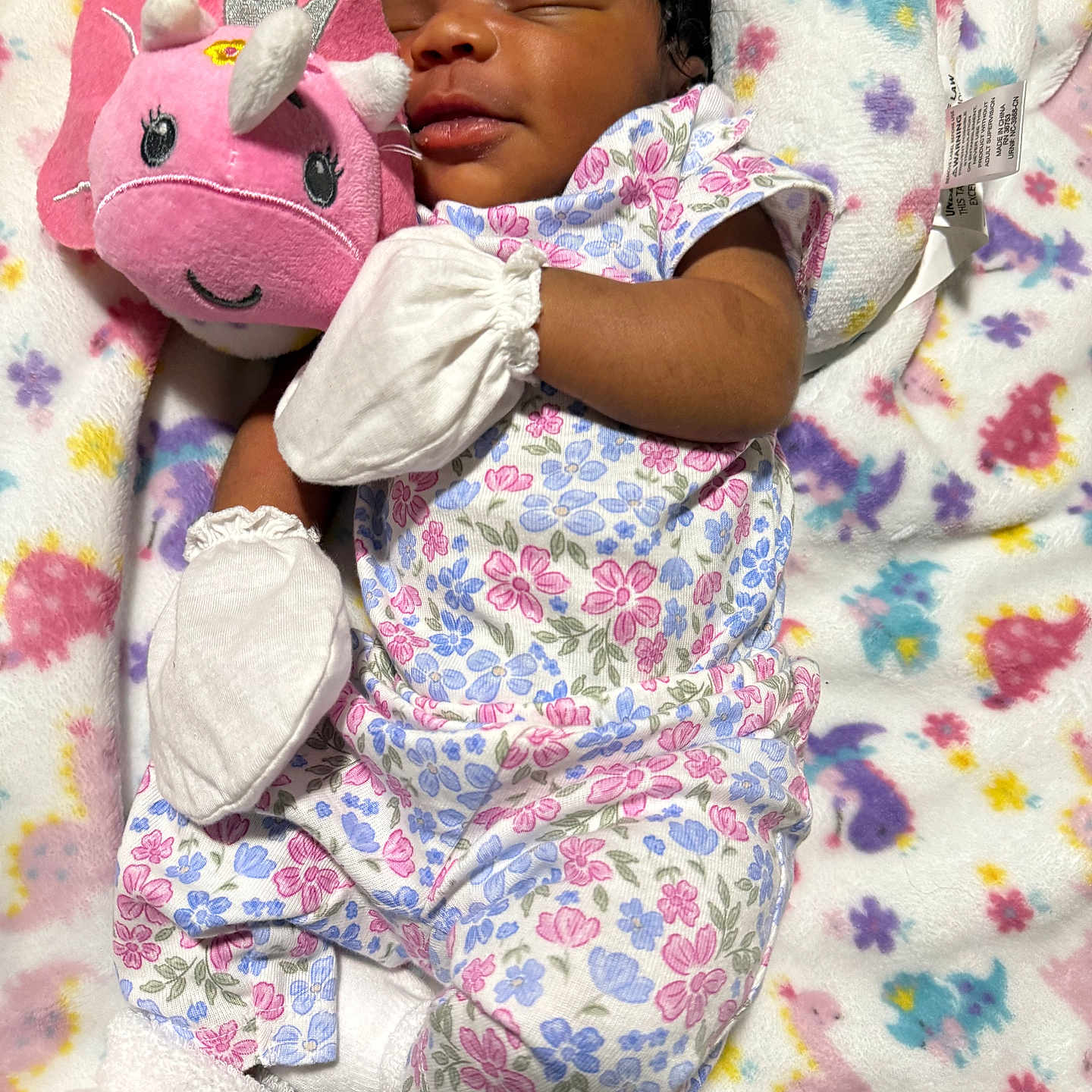 Amorah is registered to the contest to win money with this photo: baby, blanket, child, cozy, cute, floral_clothing, indoors, infant, lying_down, mittens, newborn, patterned_blanket, peaceful, pink, plush_toy, portrait, resting, sleeping, soft_texture, unicorn