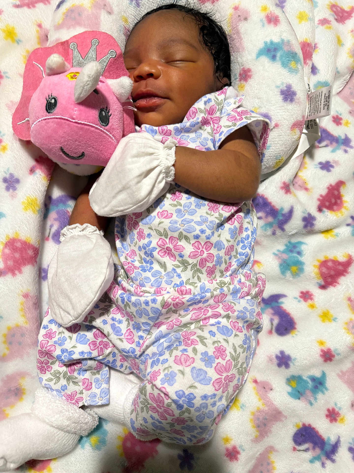 Amorah is registered to the contest to win money with this photo: baby, newborn, sleeping, mittens, plush_toy, unicorn, pink, floral_clothing, blanket, patterned_blanket, cute, infant, peaceful, soft_texture, cozy, child, portrait, lying_down, indoors, resting