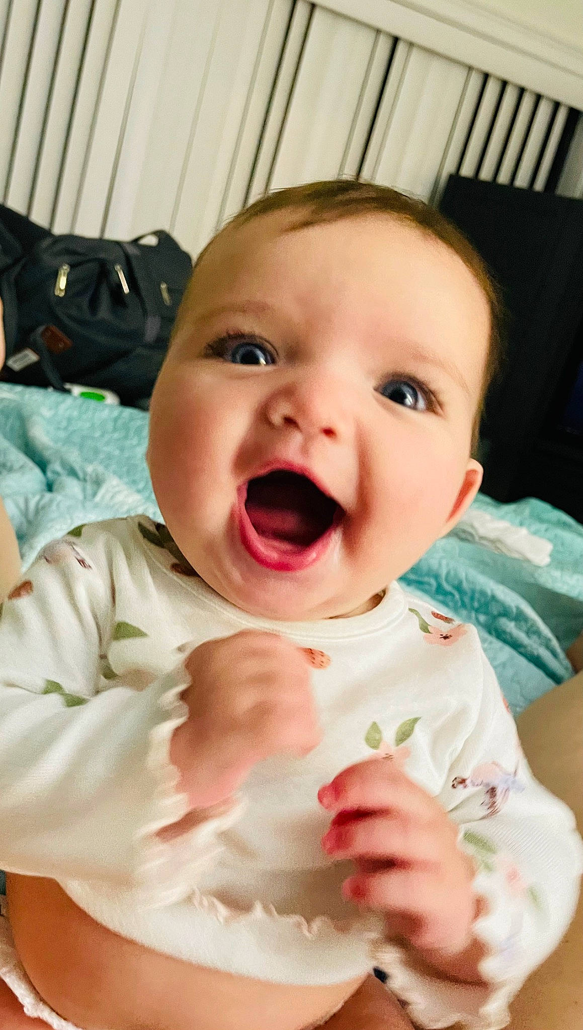 Adaline is registered to the contest to win money with this photo: baby, baby_laughing, baby_toddler_clothing, cheek, child, comfort, fun, happy, iris, laugh, lip, mouth, nose, person, shout, skin, sleeve, smile, toddler, tongue