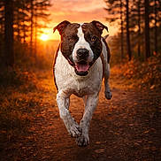 Tech is registered to the contest to win money with this photo: animal, canine, close_up, dirt, dog, forest, golden_hour, happy, motion, nature, outdoor, paws, pet, portrait, running, smiling, sunset, tongue_out, trail, trees